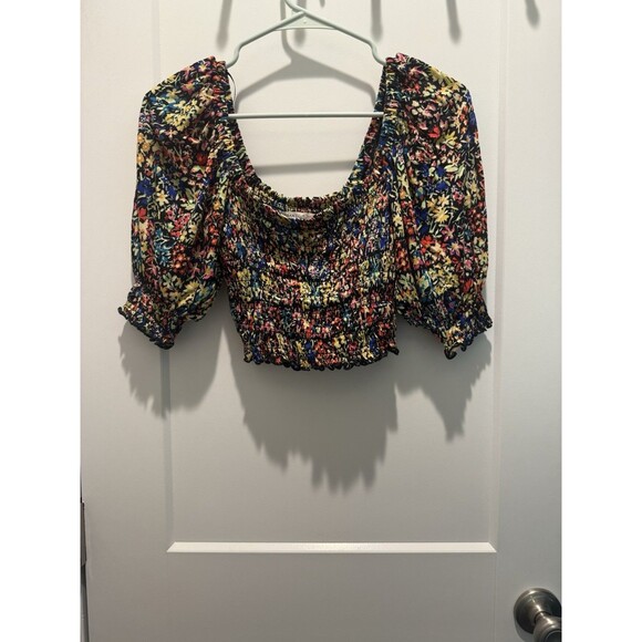 Urban Outfitters L Large Sara Smocked Cropped Top Black Floral Multi Color Boho - Picture 1 of 6